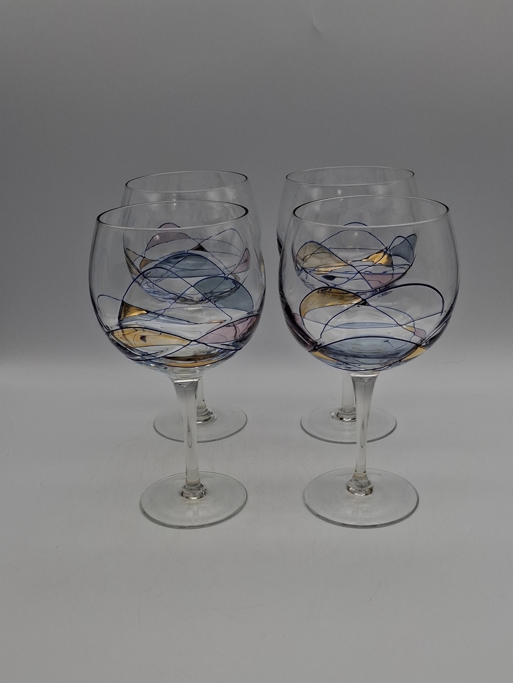 Hand-Blown Decorative Wine Glasses with Blue, Gold & Pink Swirl - Set of 4